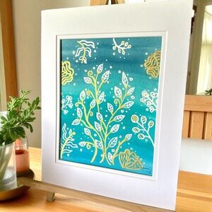 Hand-Made New Watercolor Art Abstract Botanicals in Gold